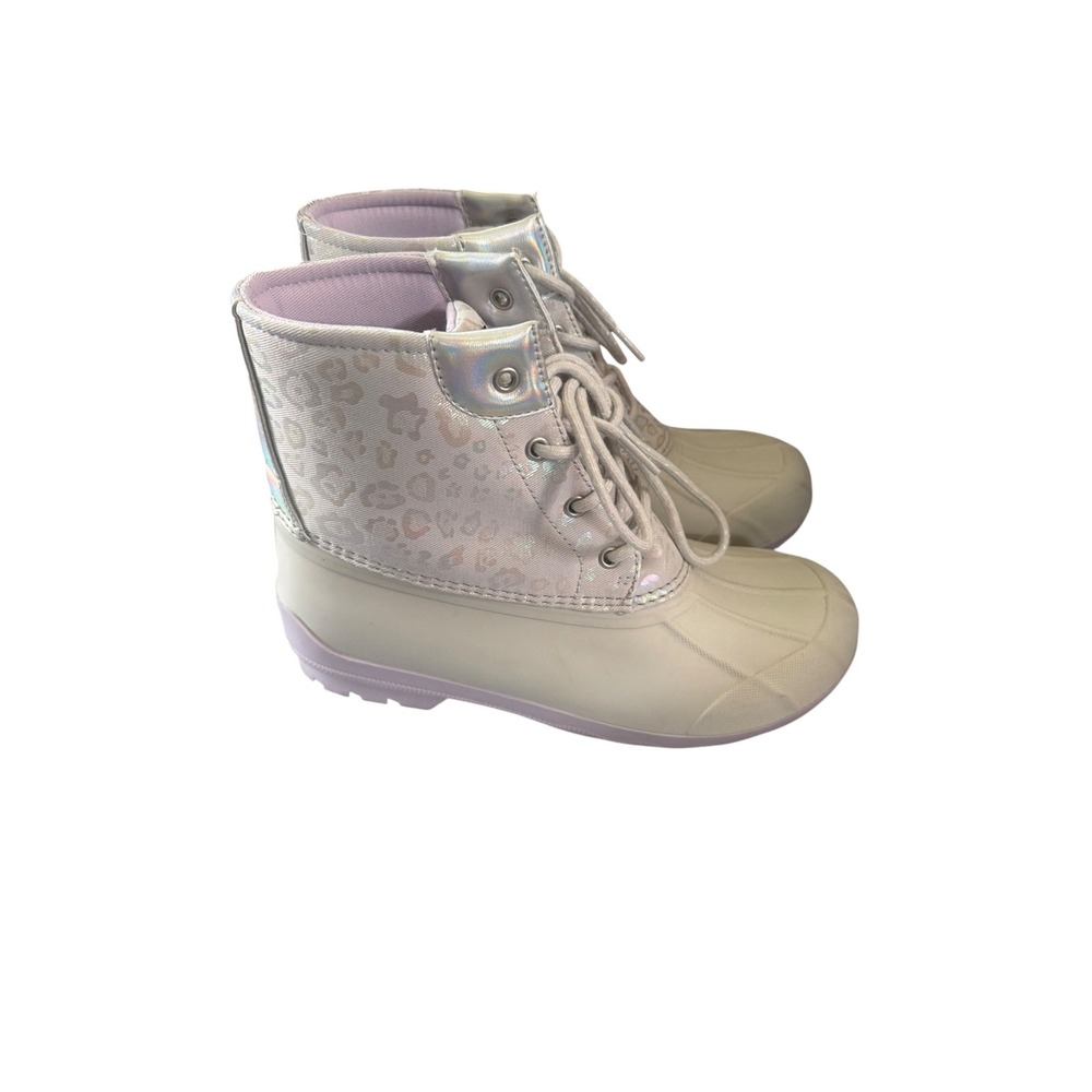 Sperry Duck Boots Women 5 gray lavender Iridescent Leopard Print Waterproof Rain